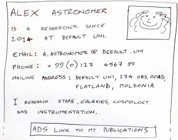 Sketch of the layout of a basic web page for a professional astronomer