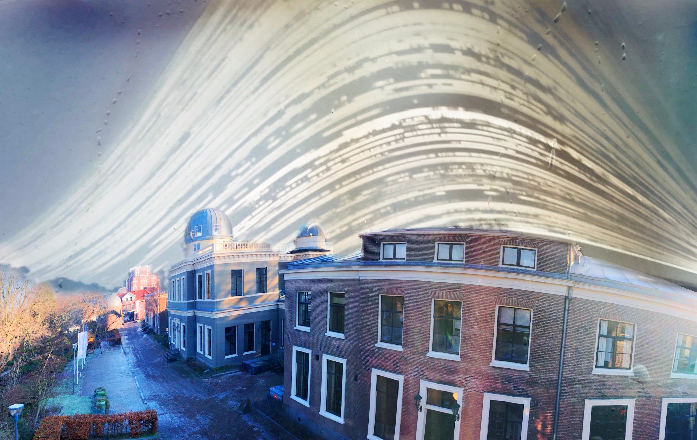 Composite of a pinhole exposure and a daytime panoramic photo of the Old Observatory in Leiden, the Netherlands.